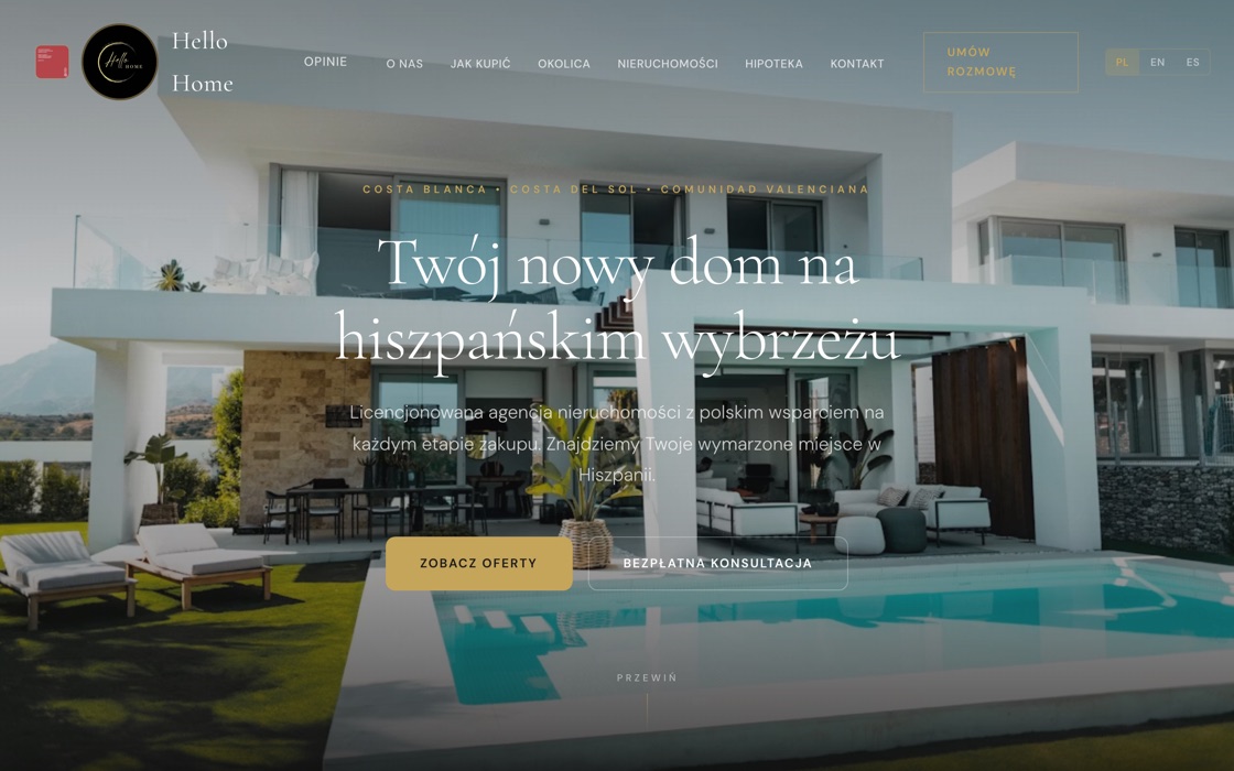 Strona główna Hello Home - nowoczesna willa z basenem i hasłem „Twój nowy dom na hiszpańskim wybrzeżu”