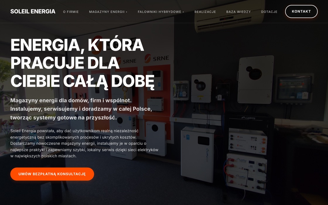 Strona główna Soleil Energia - ciemne hero ze zdjęciem magazynów energii i hasłem „Energia, która pracuje dla Ciebie całą dobę”